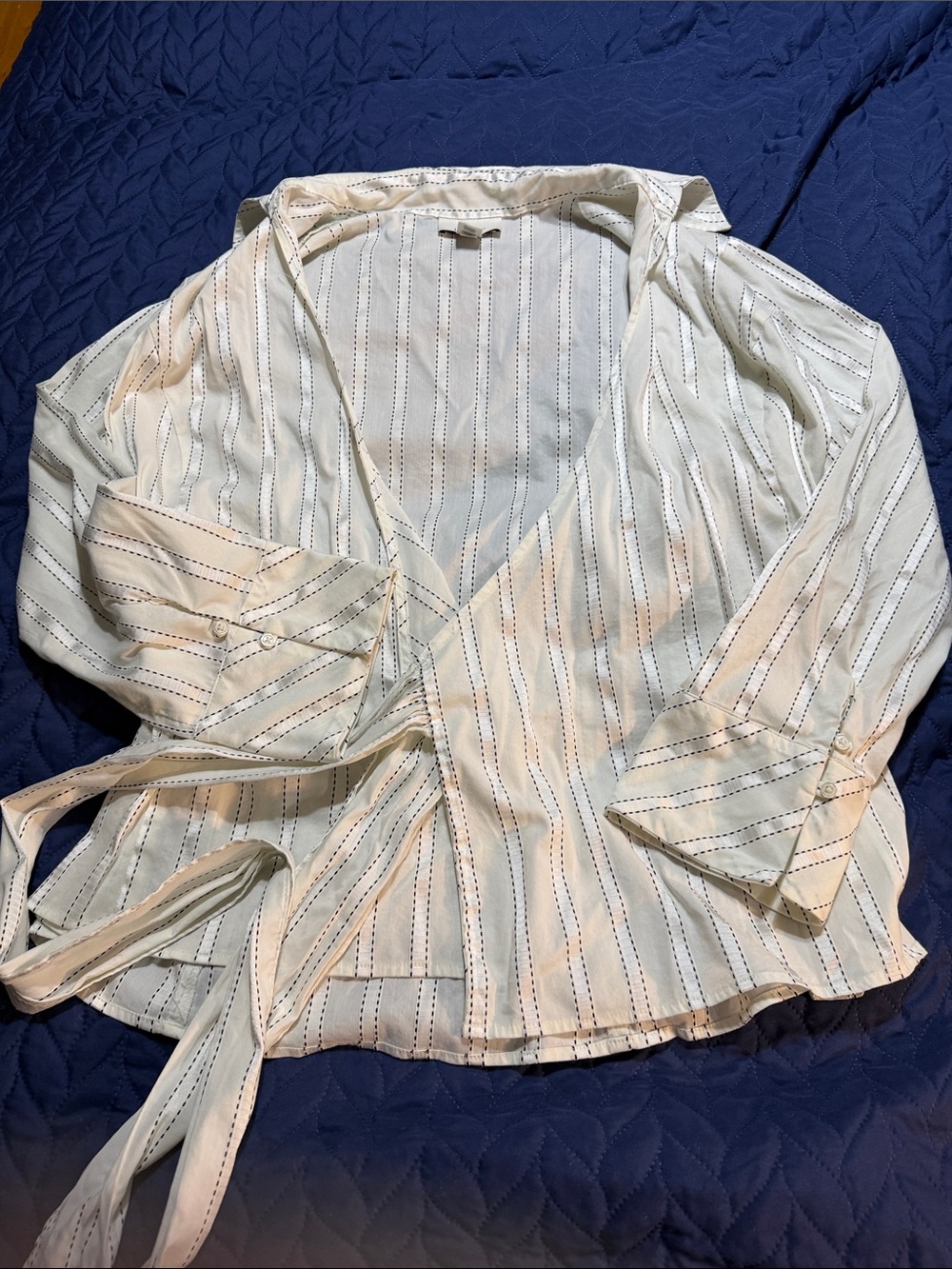 LOFT White Striped Wrap Button-Down Blouse